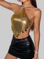 Metal Sequin Tassel Halter Crop Top - Backless Bandage Camisole