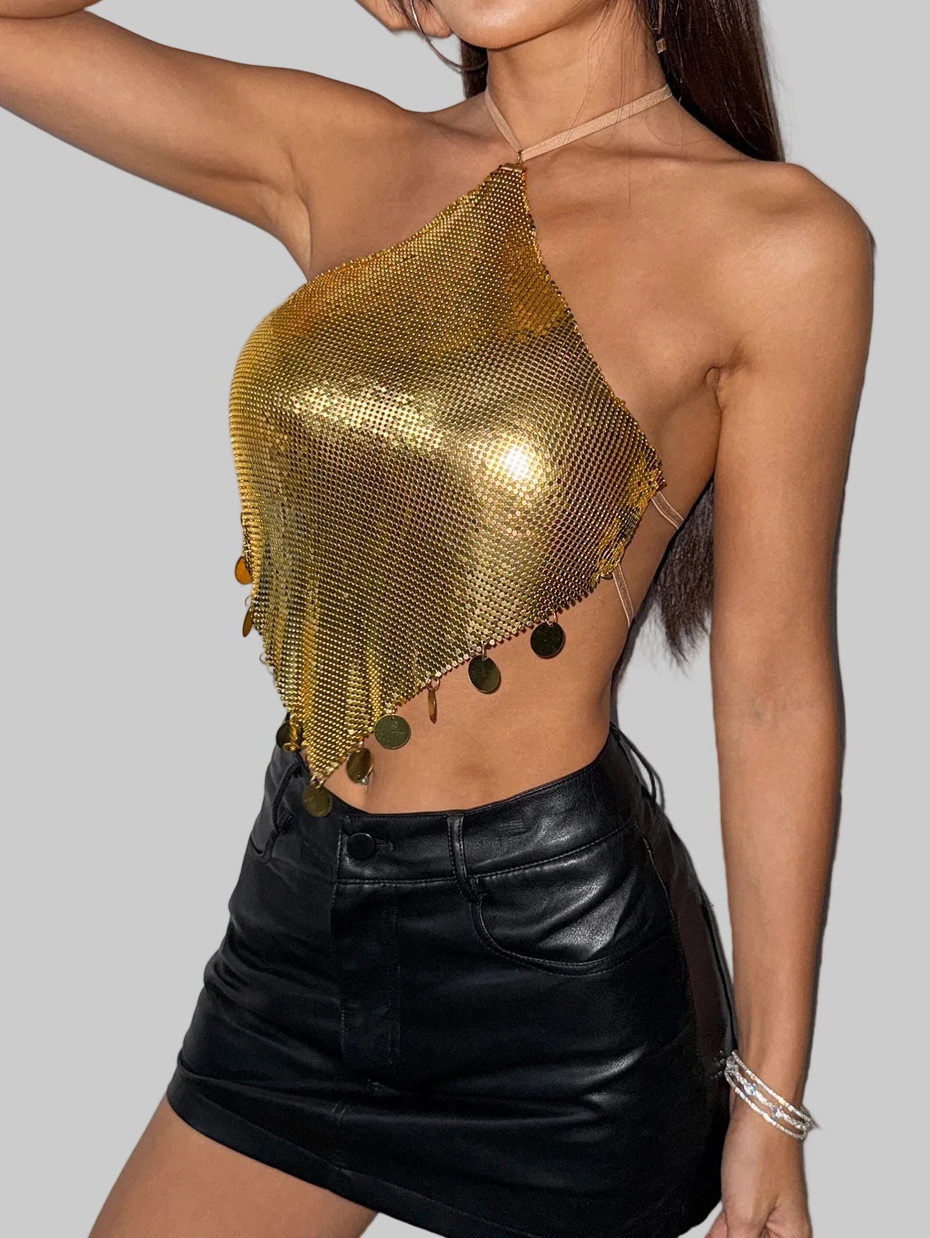 Metal Sequin Tassel Halter Crop Top - Backless Bandage Camisole
