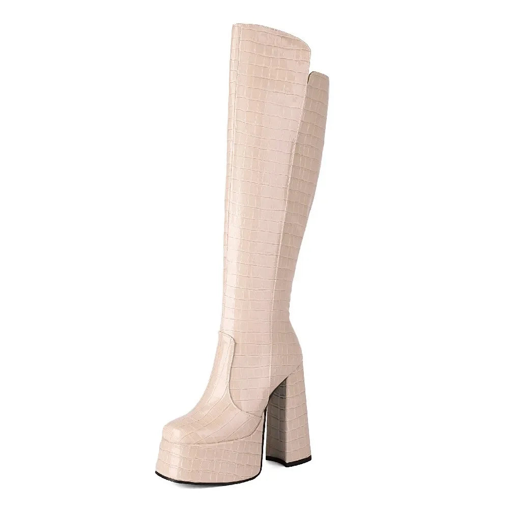 Knee-High Platform Boots | Croc-Effect | 14cm