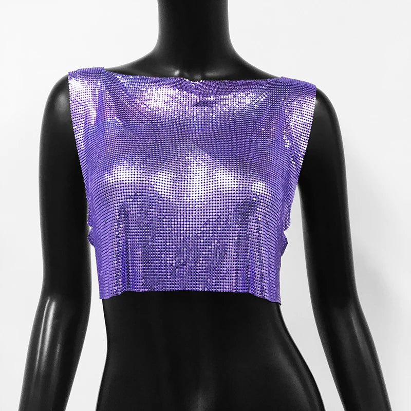 Handmade Metal Sequin Backless Crop Top