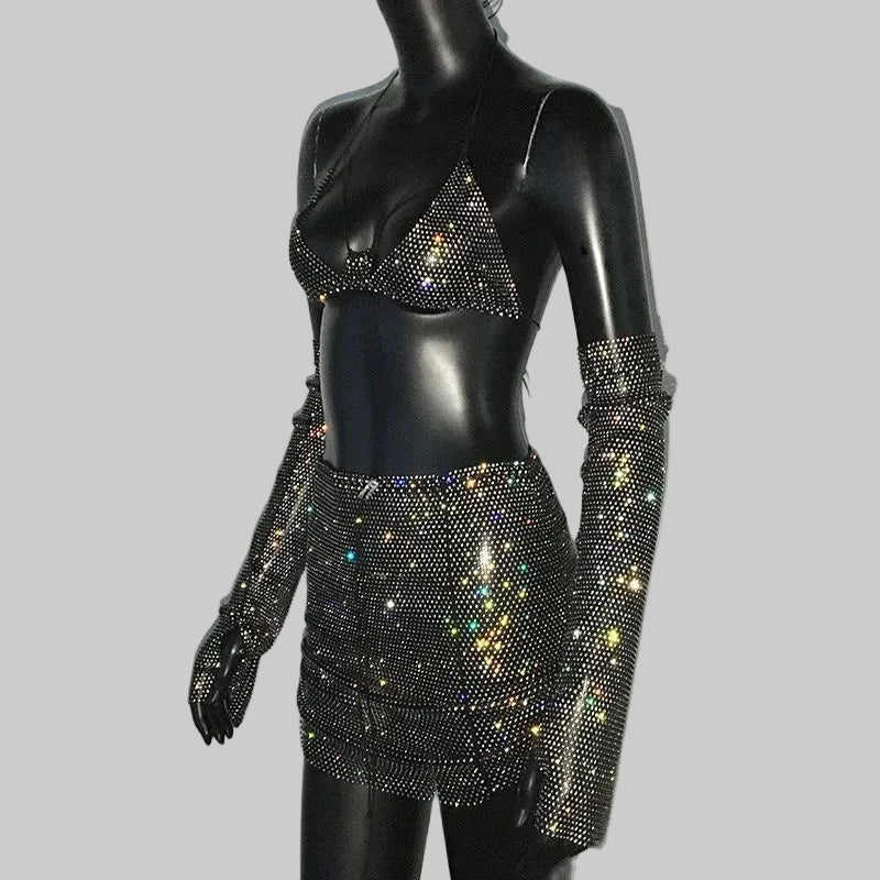 Rhinestone Three-Piece Set - Backless Crop Top, Skirt & Sleeves