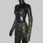 Rhinestone Three-Piece Set - Backless Crop Top, Skirt & Sleeves