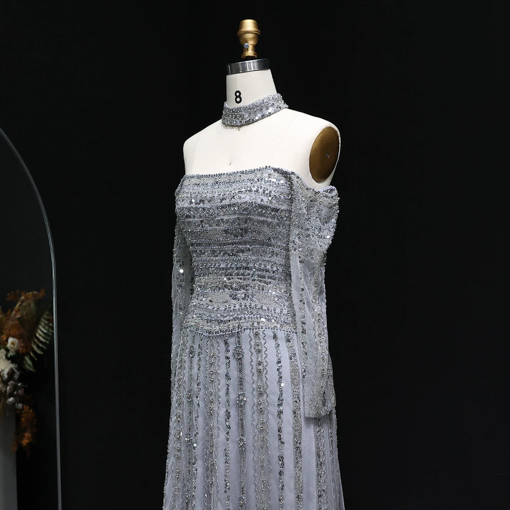 Beaded Off-Shoulder Gown | Choker & Long Sleeves | Grey, Pink, Champagne