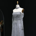 Beaded Off-Shoulder Gown | Choker & Long Sleeves | Grey, Pink, Champagne
