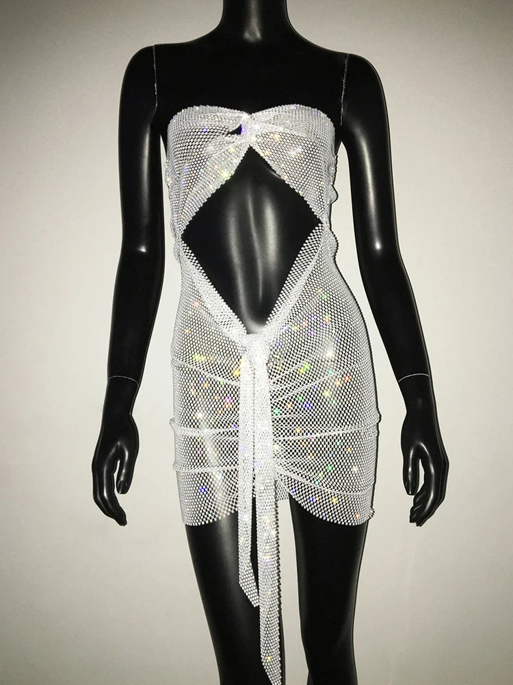 Rhinestone Mesh Backless Mini Dress