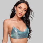 Metallic Glitter Halter Crop Top - Backless Corset Tank