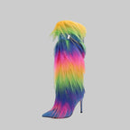 Colorful Fur Knee-High Boots - Stiletto Heel Runway Boots
