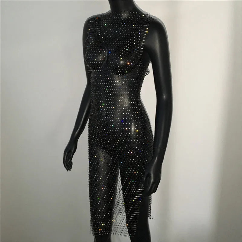 Rhinestone Fishnet Mini Dress - Sheer Cover-Up Party Dress