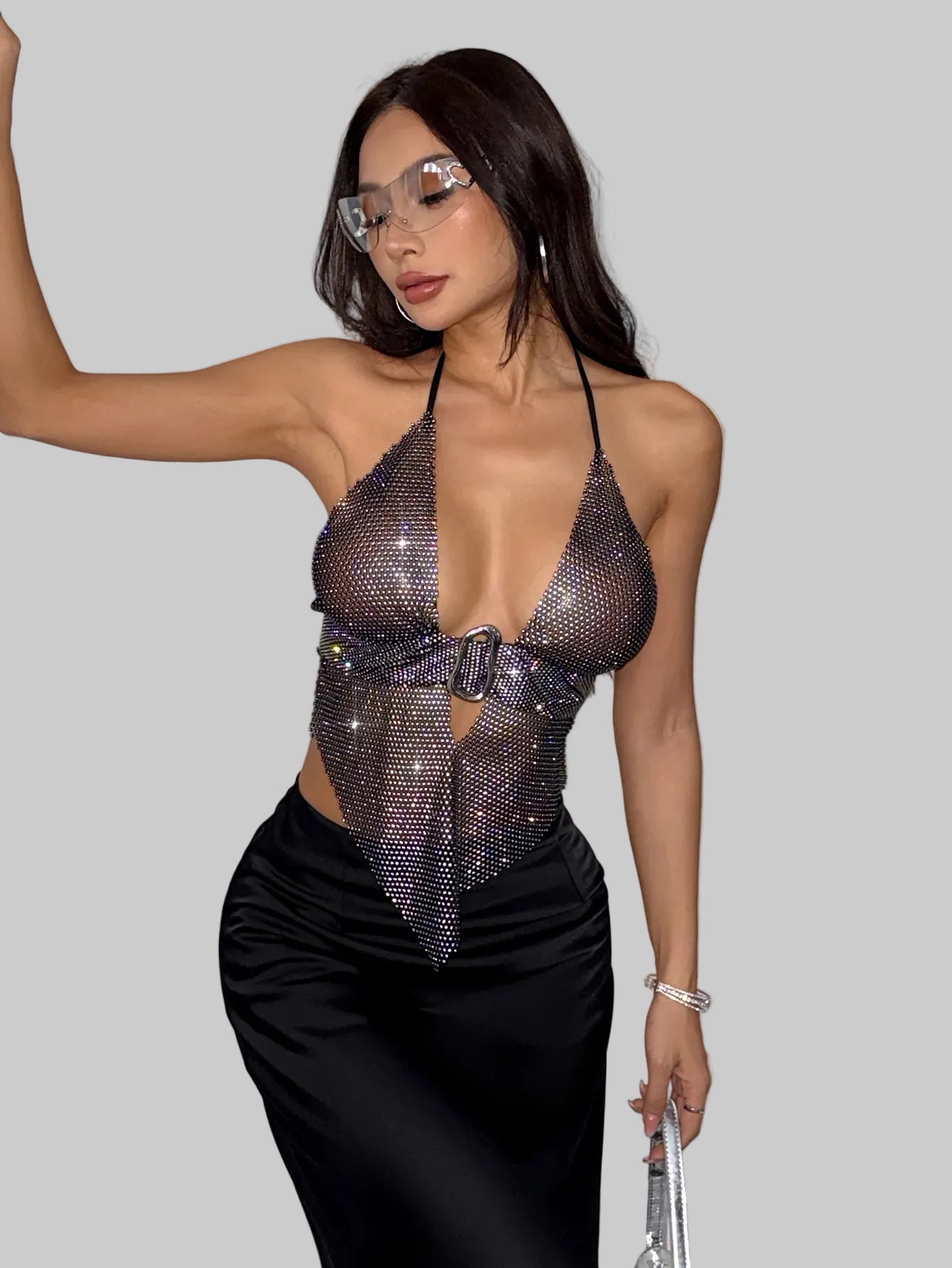 Rhinestone Fishnet Bandage Halter Crop Top - Deep V Backless Camisole