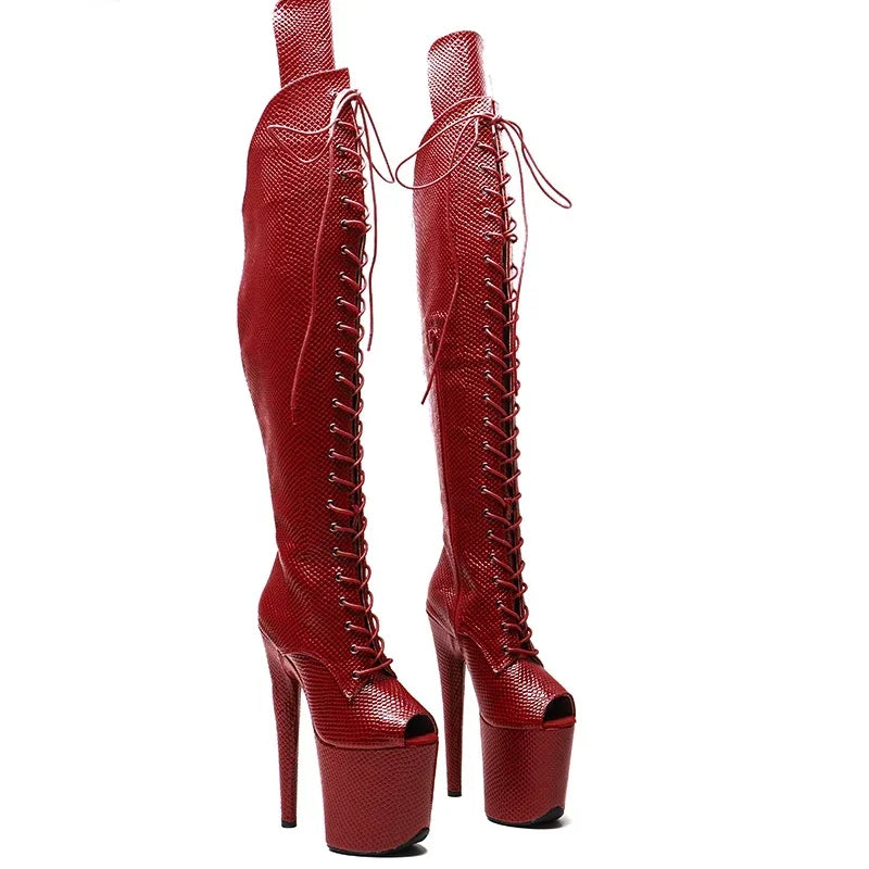 Snake Print Open-Toe Thigh-High Platform Boot – 8 Inch Stage & Pole Dance