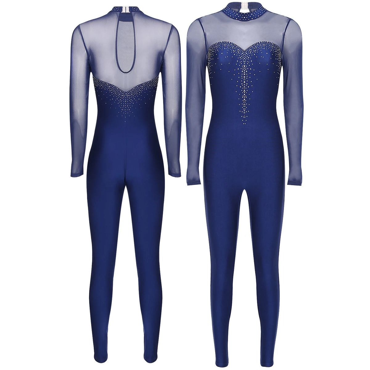 Rhinestone Bell Bottom Jumpsuit | Mesh Overlay | Long Sleeve