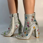 Rhinestone Ankle Boots | Bling Pointed Toe | Block Heel