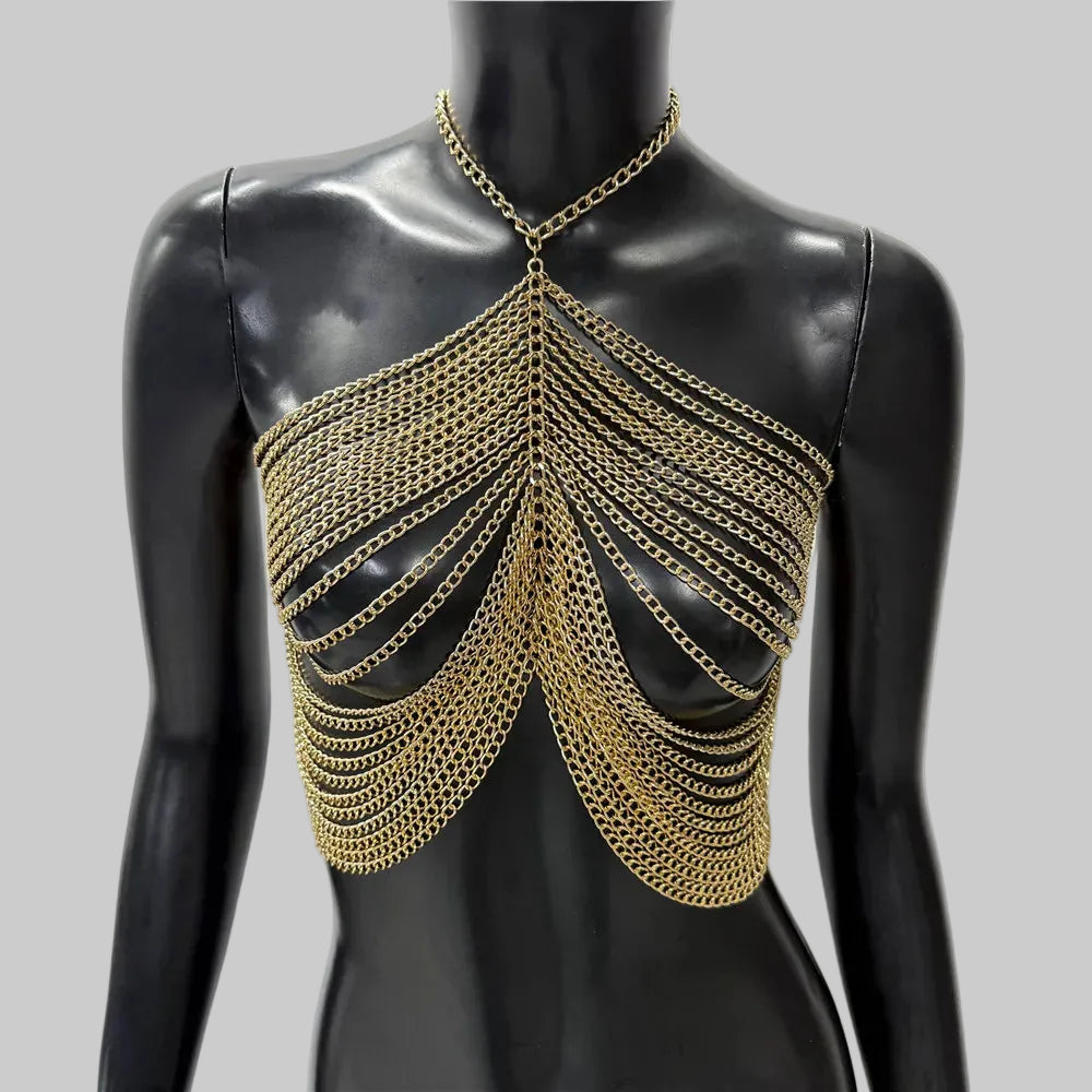 Metal Chain Tassel Halter Crop Top - Sheer Backless Camisole