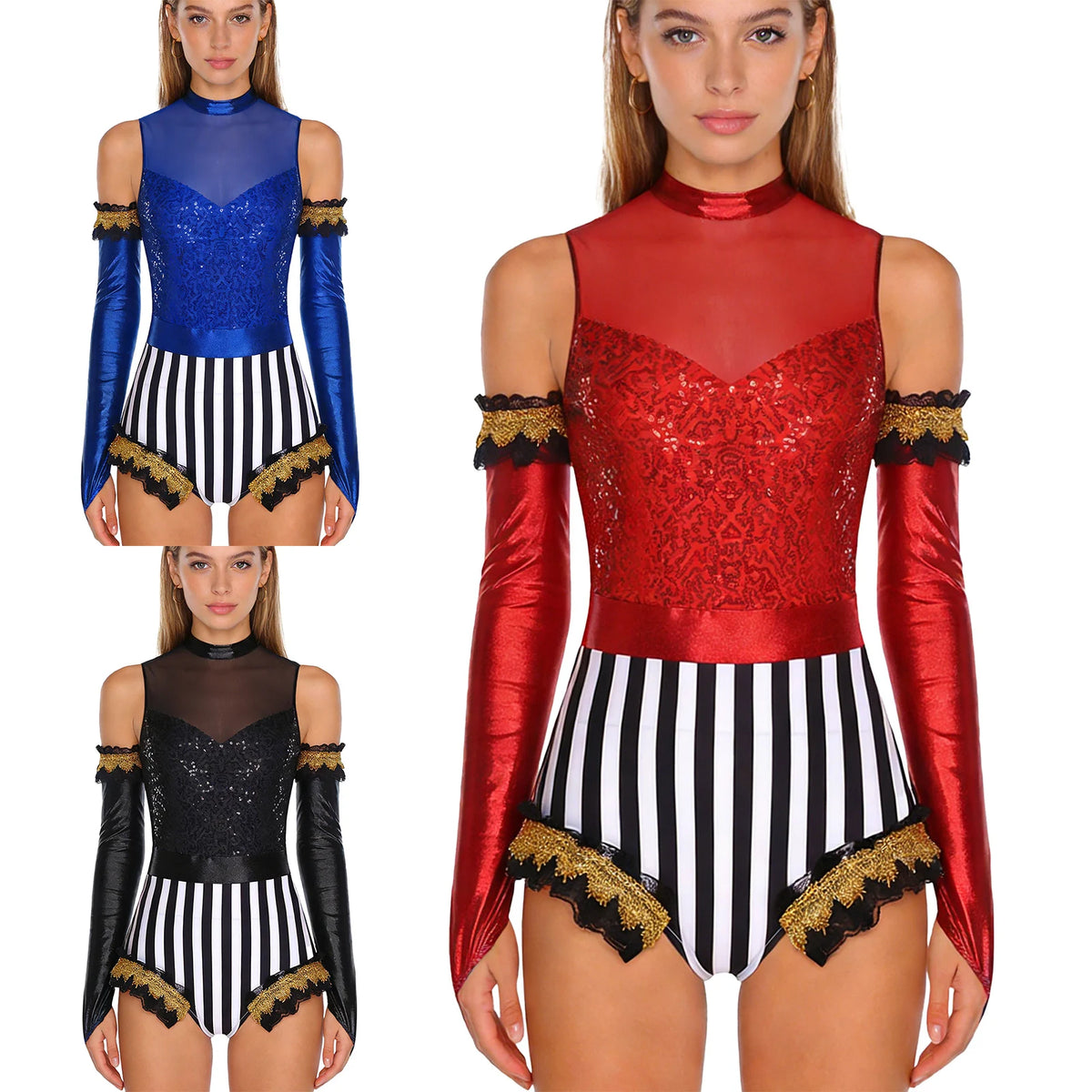 Circus Ringmaster Bodysuit & Gloves Set | Sequin Stripe | Cold Shoulder | Stage Costume