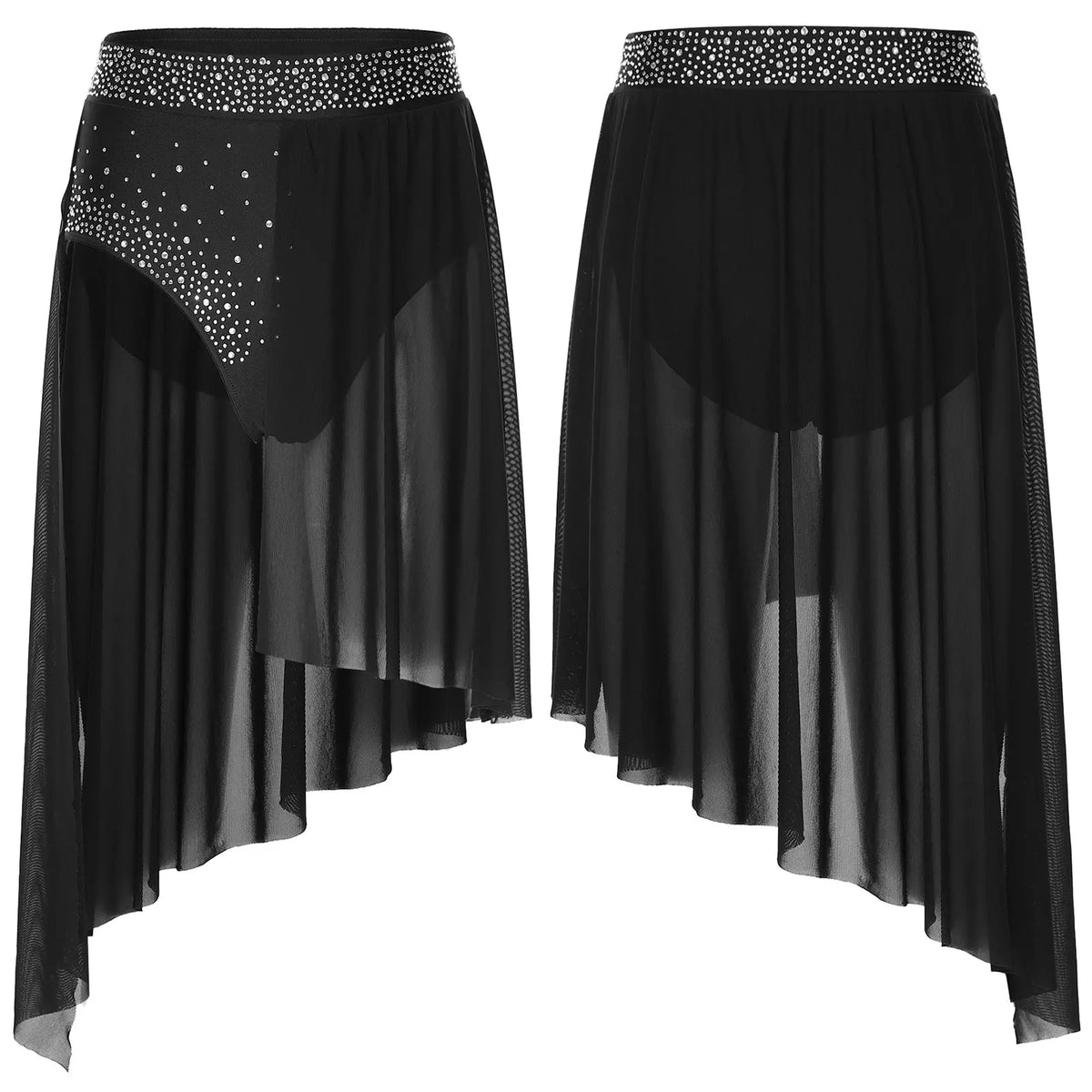 Rhinestone Mesh Dance Skirt | Asymmetric Hem | Built-In Briefs