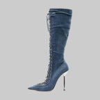 Mesh Lace-Up Knee-High Boots - Pointed Toe Stiletto Heels for Stage & Performance