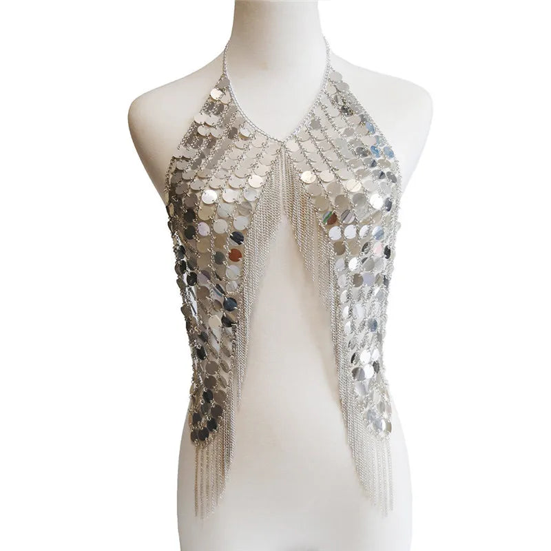 Sequin Chain Halter Top - Handmade Acrylic Performance Cami