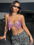 Rhinestone Sequin V-Neck Halter Crop Top