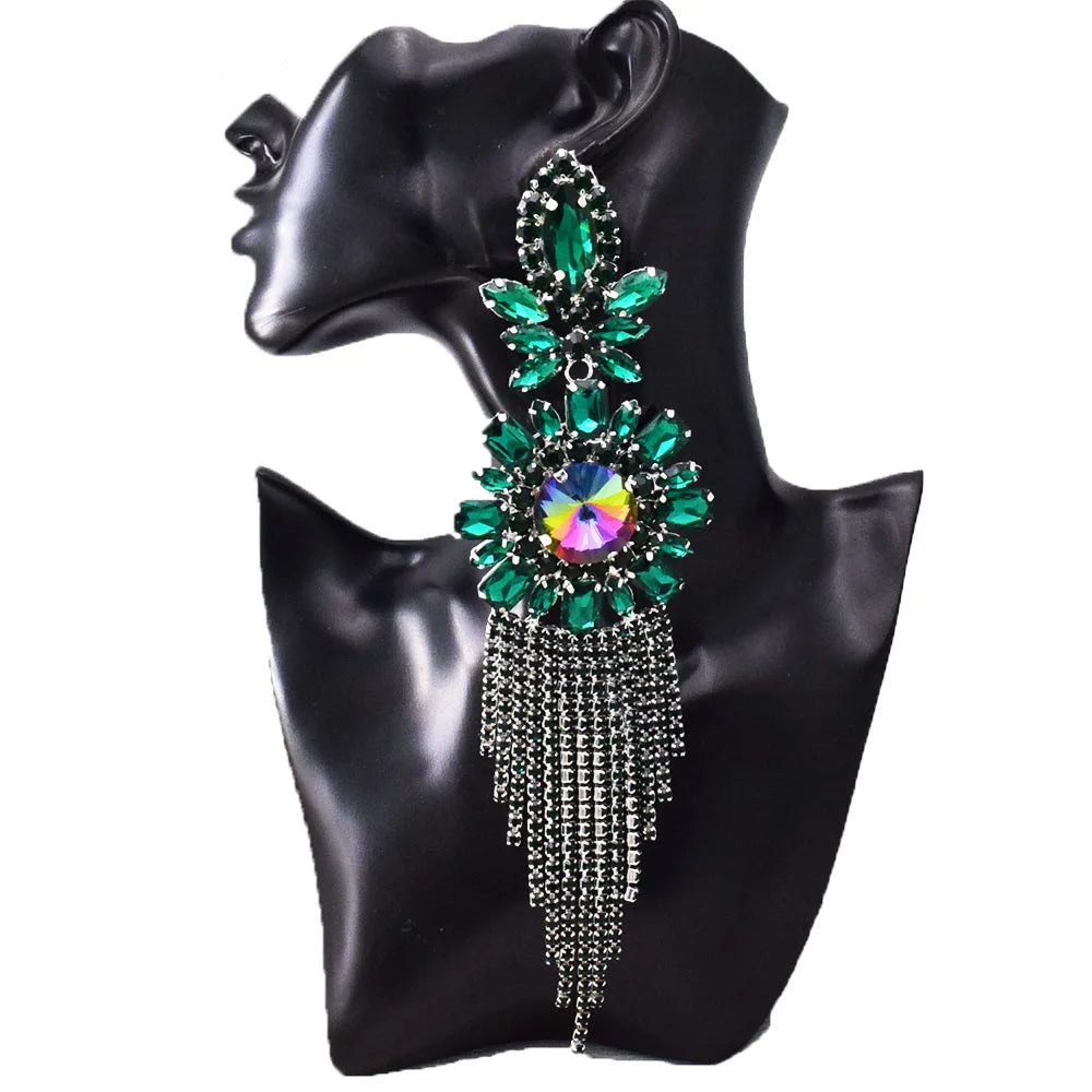 Rhinestone Tassel Drop Earrings | Jumbo 22CM | Statement