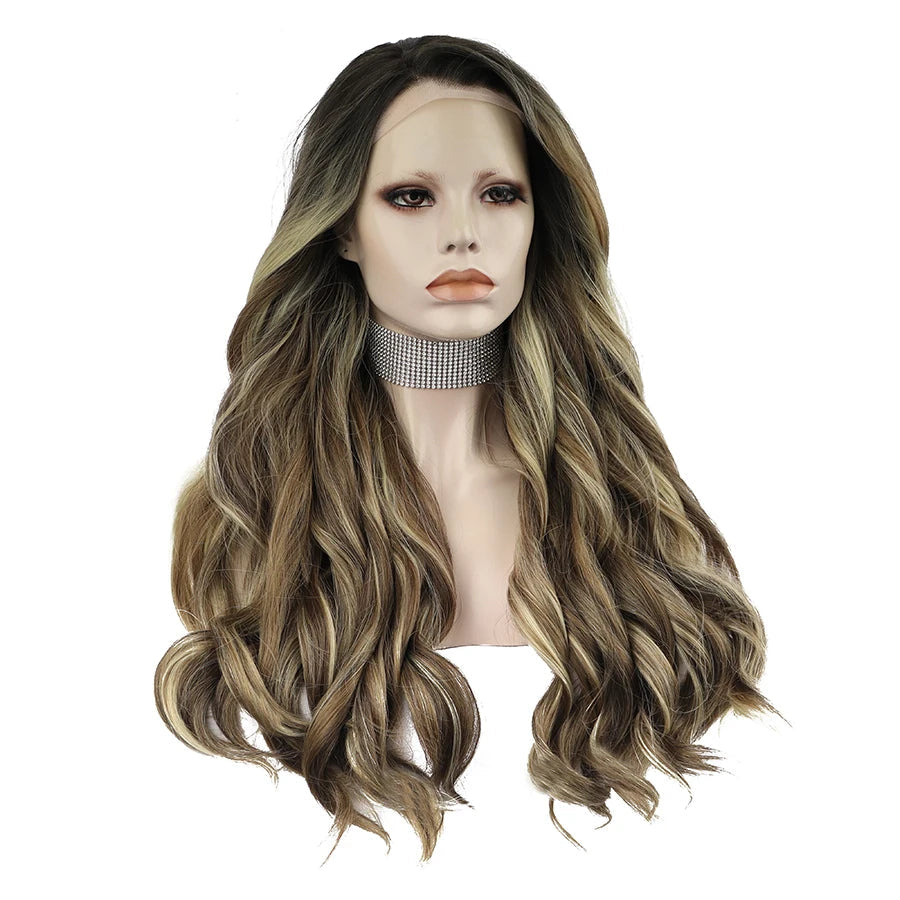 24" Natural Wavy Lace Front Wig – Brown with Dark Roots