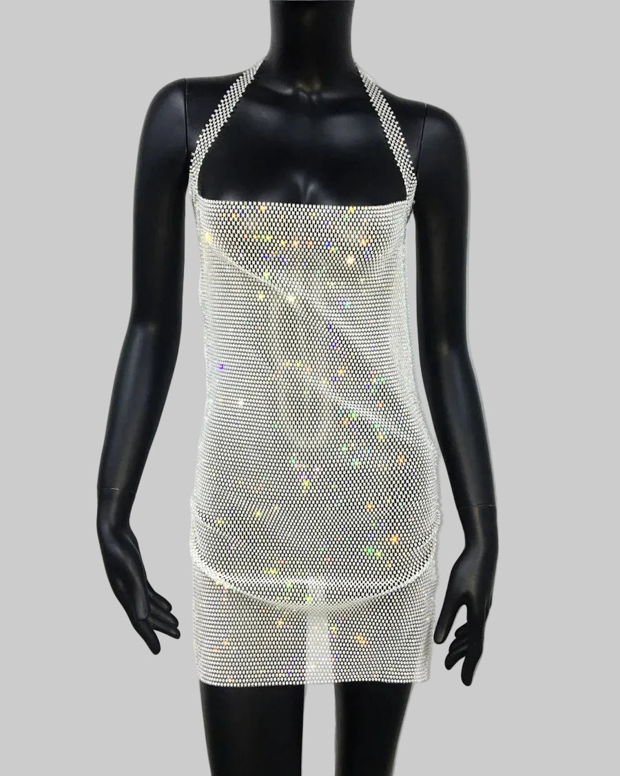 Rhinestone Fishnet Mini Dress - Halter Backless Side Split Dress