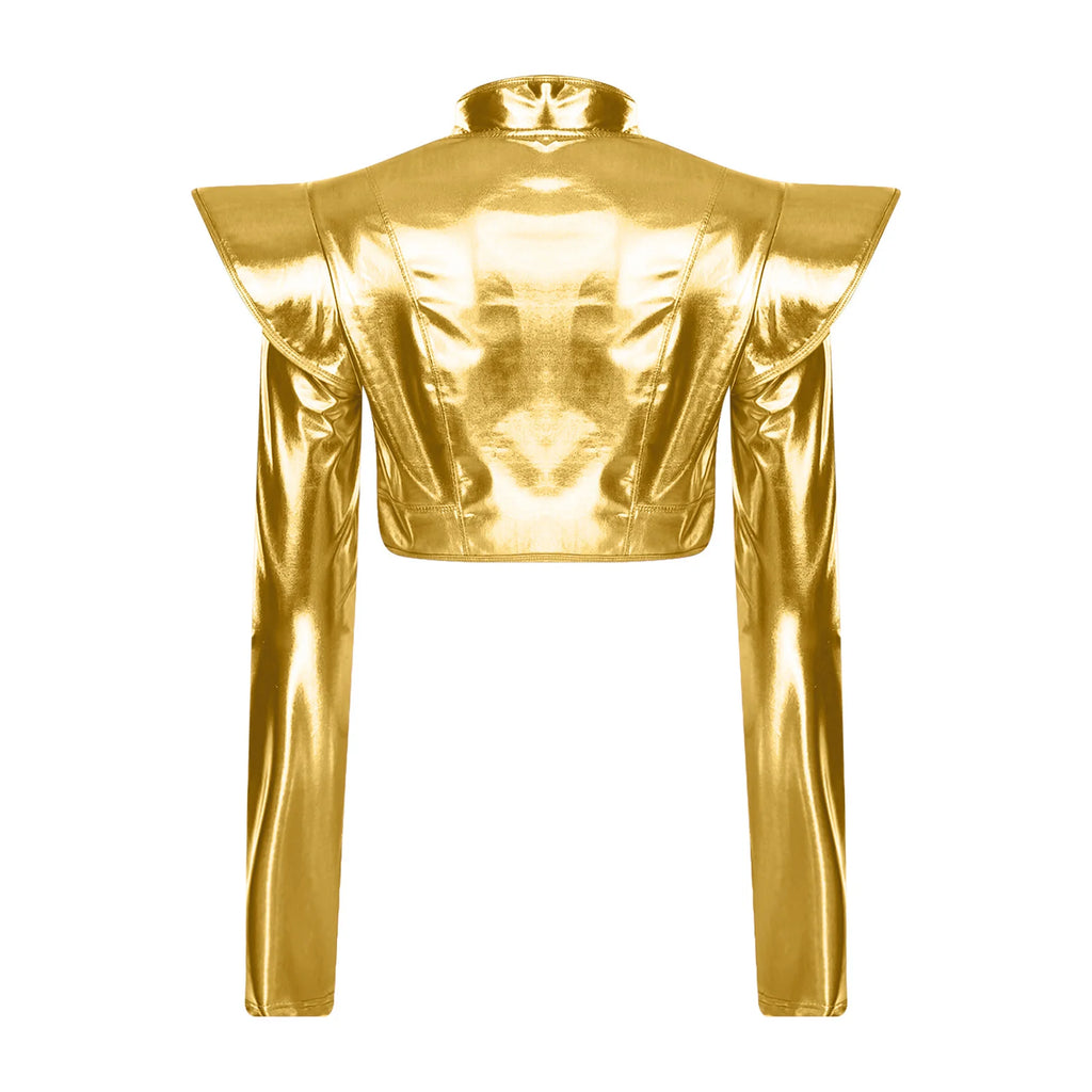 Metallic Ruffle Shoulder Crop Jacket | Zip Front | Rave & Stage Performance