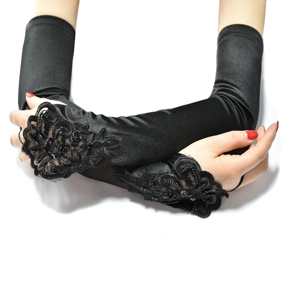 Satin Fingerless Gloves | Embroidered Lace