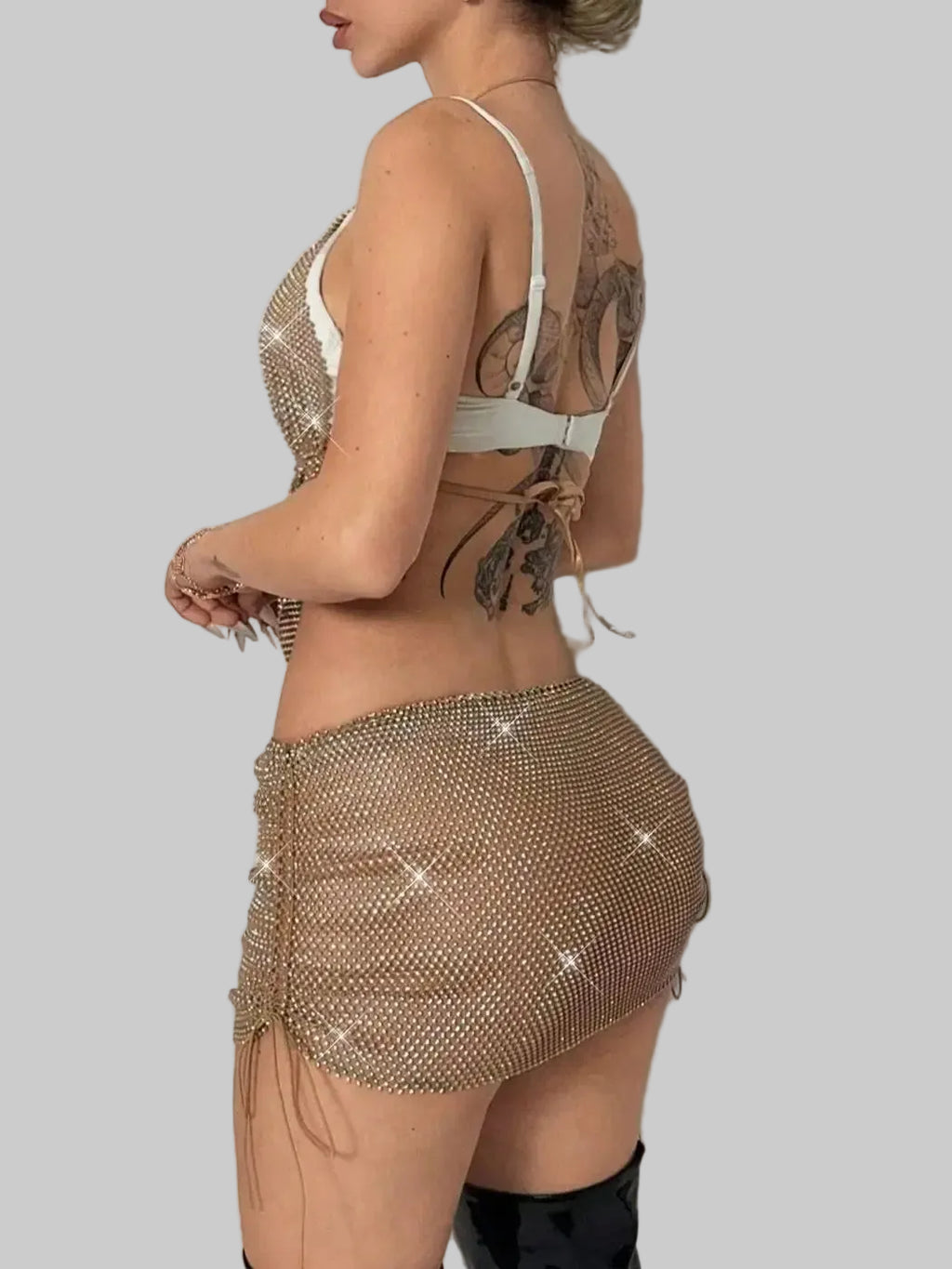 Rhinestone Mesh Halter Mini Dress - Backless Sheer Fishnet Party Dress