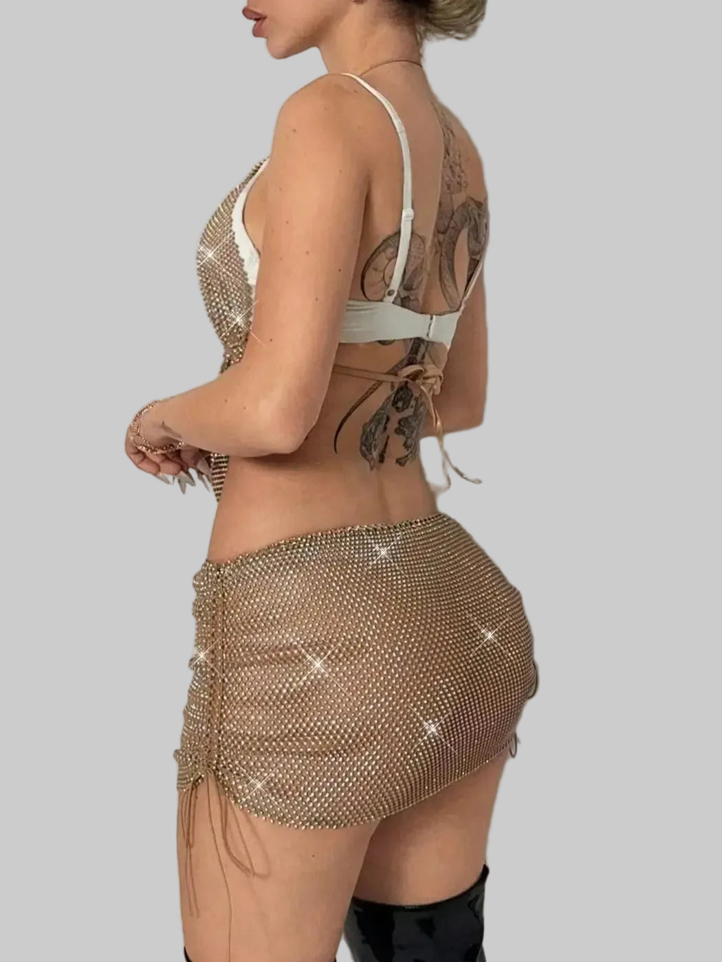 Rhinestone Mesh Halter Mini Dress - Backless Sheer Fishnet Party Dress