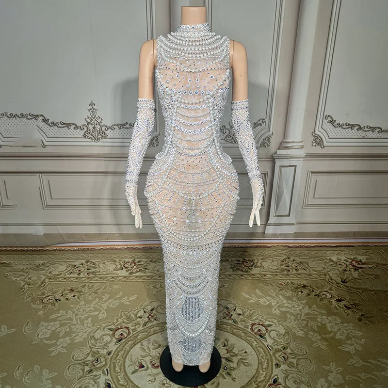 Rhinestone Glove Dress | Pearl & Crystal | Maxi Gown
