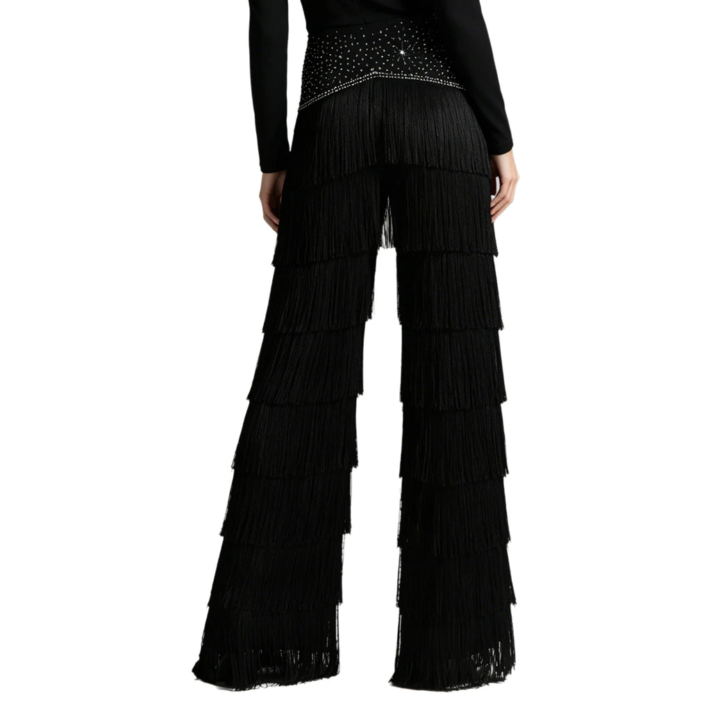 Fringe Tassel Latin Dance Pants | Rhinestone Waist | Straight Leg