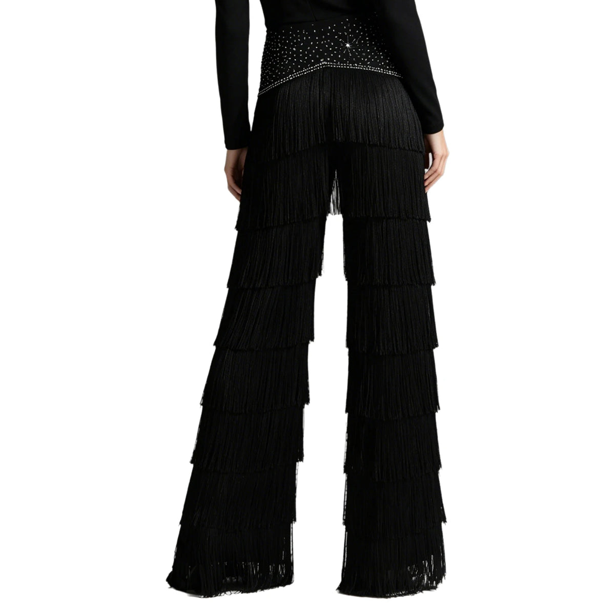 Fringe Tassel Latin Dance Pants | Rhinestone Waist | Straight Leg