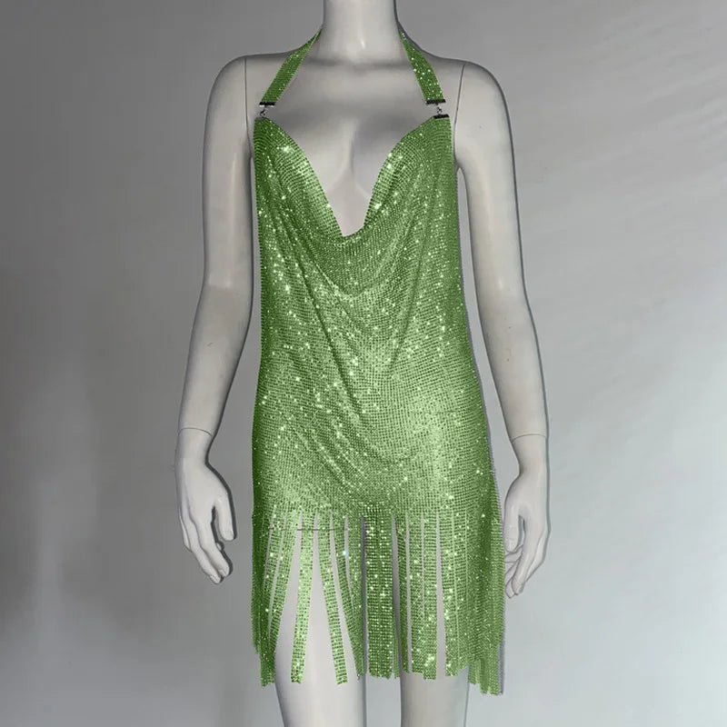 Metal Rhinestone Bodycon Mini Dress - Backless Party Dress