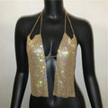 Metal Chain Rhinestone Halter Crop Top - Backless Deep V Tank