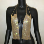 Metal Chain Rhinestone Halter Crop Top - Backless Deep V Tank