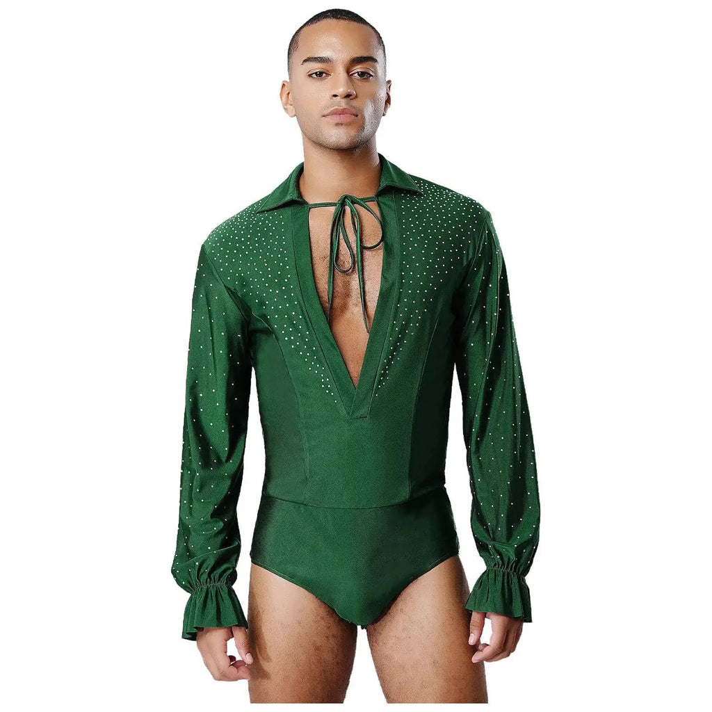 Men's Rhinestone Deep V-Neck Dance Bodysuit | Long Sleeve & Snap Crotch | Latin & Jazz
