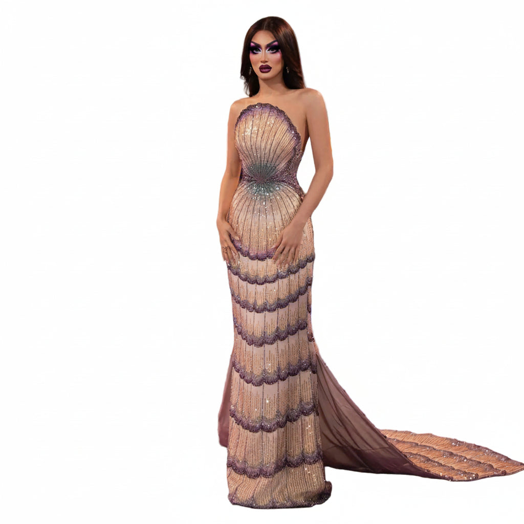 Beaded Strapless Gown | Layered Skirt & Jacket Option | Gold & Purple