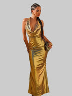 Metallic Bodycon Maxi Dress - Backless V-Neck Party Dress