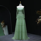 Crystal Pearl Gown | Off-Shoulder Long Sleeve | Green & Lilac