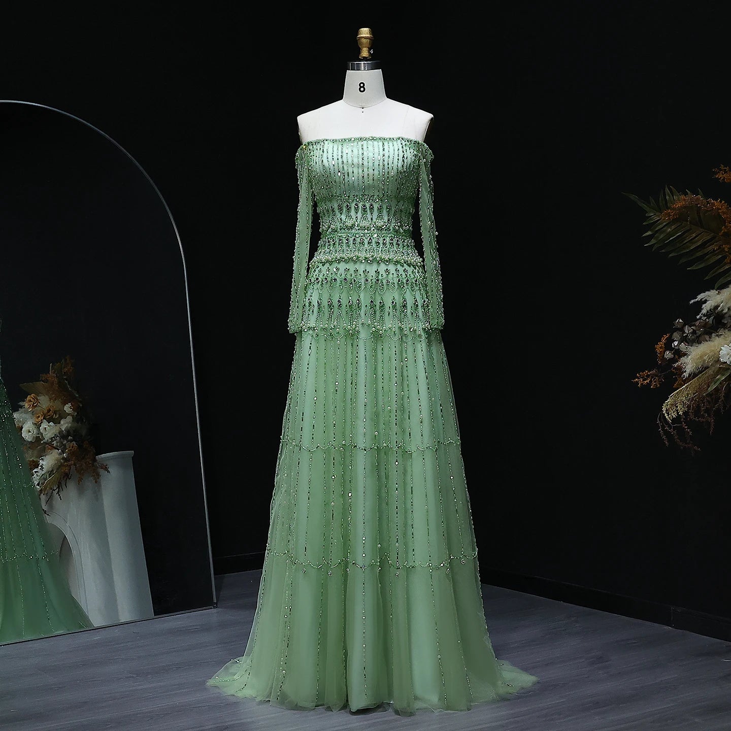 Crystal Pearl Gown | Off-Shoulder Long Sleeve | Green & Lilac