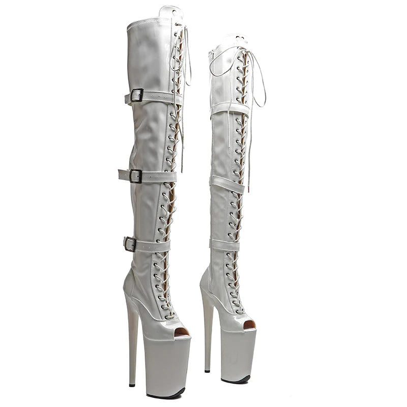 9-Inch Patent Platform Boots - Thigh-High Open Toe Dance Boots