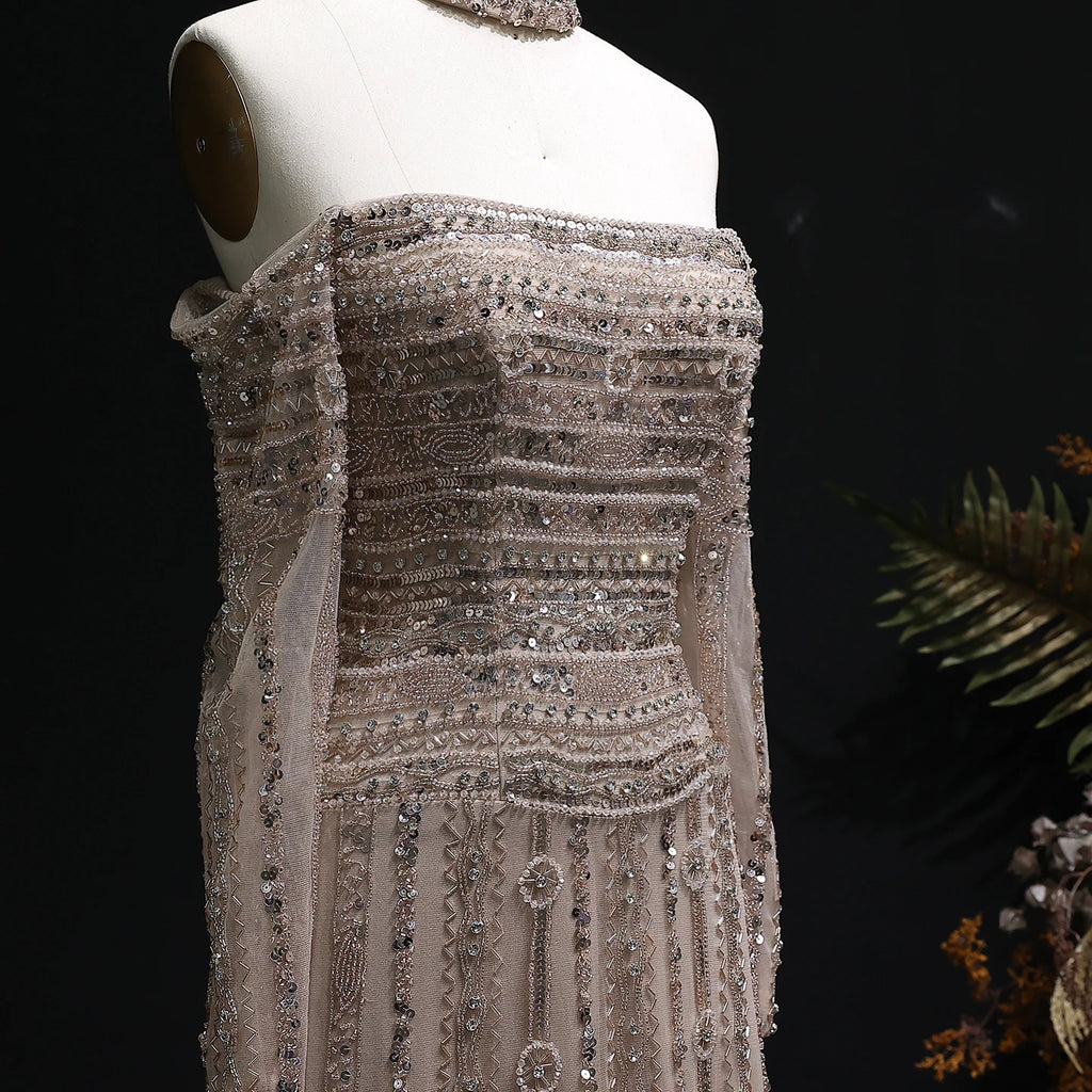 Beaded Off-Shoulder Gown | Choker & Long Sleeves | Grey, Pink, Champagne