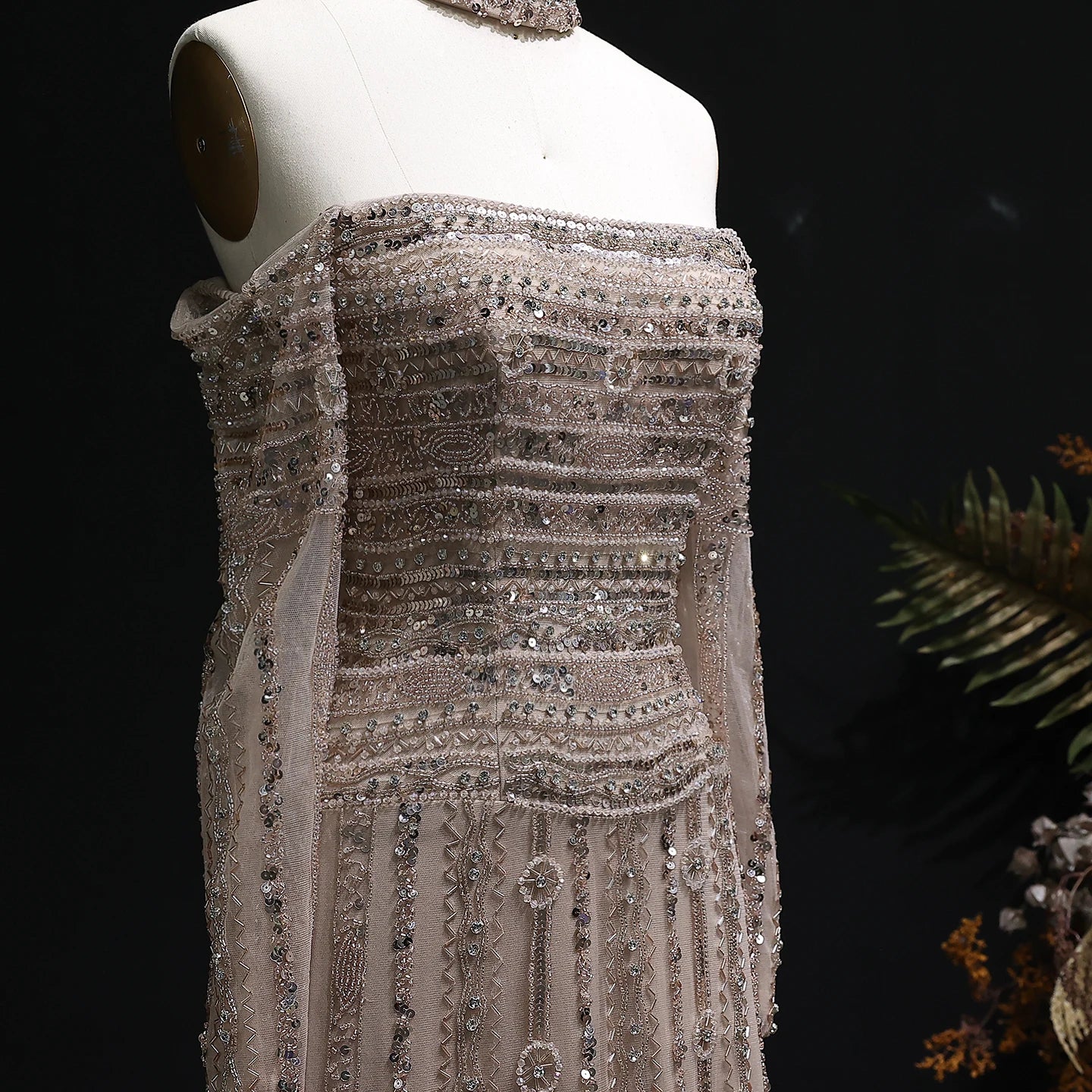 Beaded Off-Shoulder Gown | Choker & Long Sleeves | Grey, Pink, Champagne