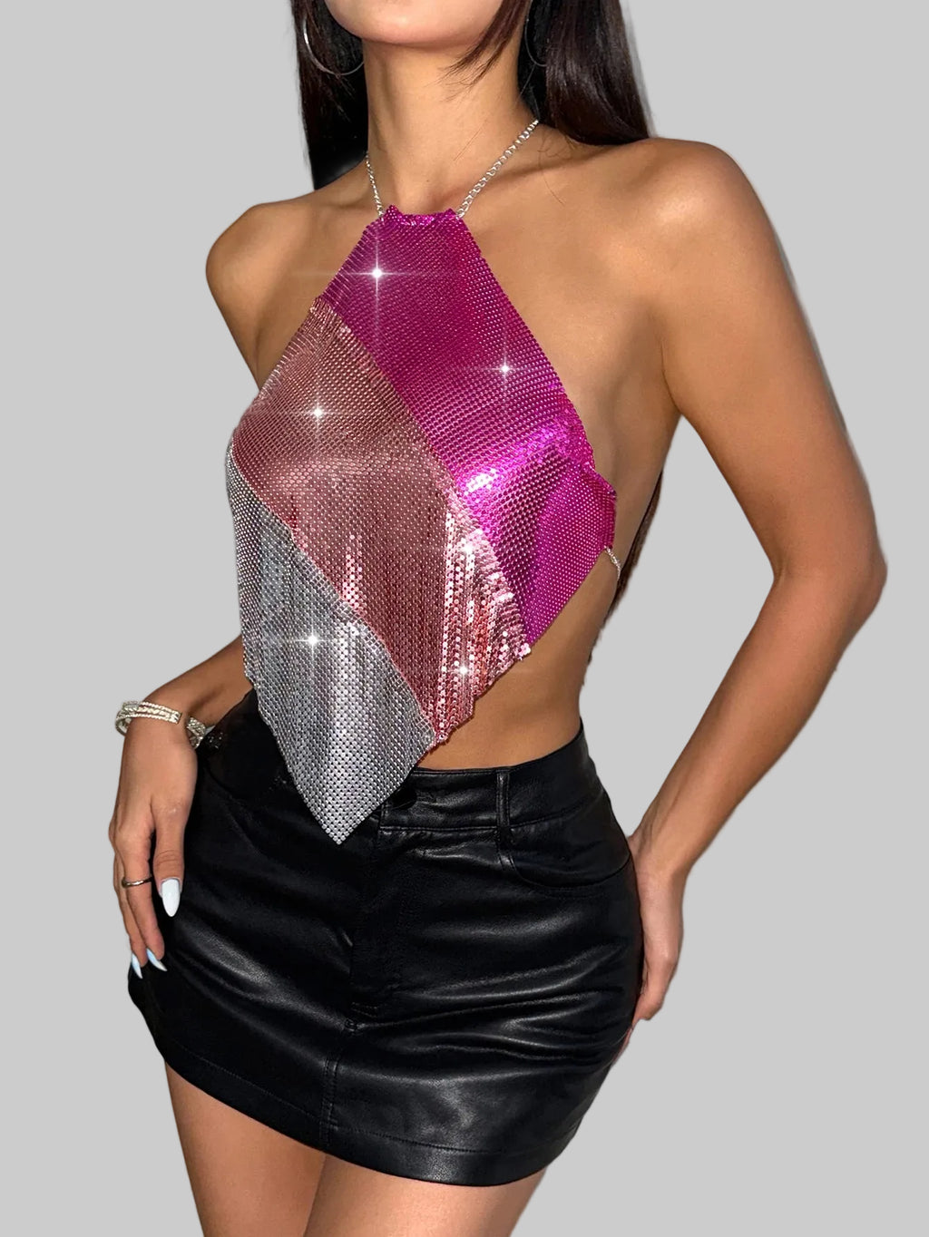 Metal Sequin Halter Crop Top - Backless Off-Shoulder Sling Tank
