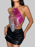 Metal Sequin Halter Crop Top - Backless Off-Shoulder Sling Tank