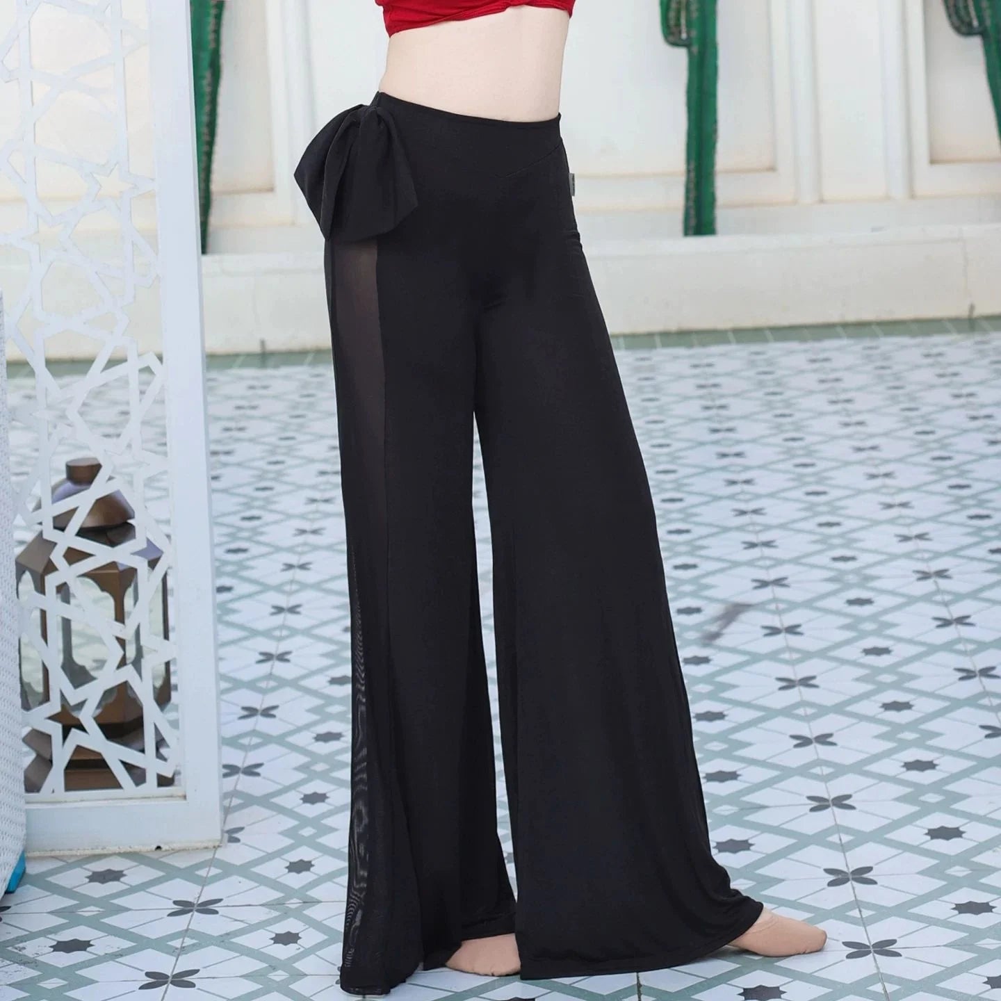 Belly Dance Flare Pants | Mesh & Bowknot Detail