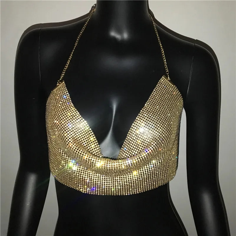 Shiny Rhinestone Deep V-Neck Crop Top - Backless Party Camisole