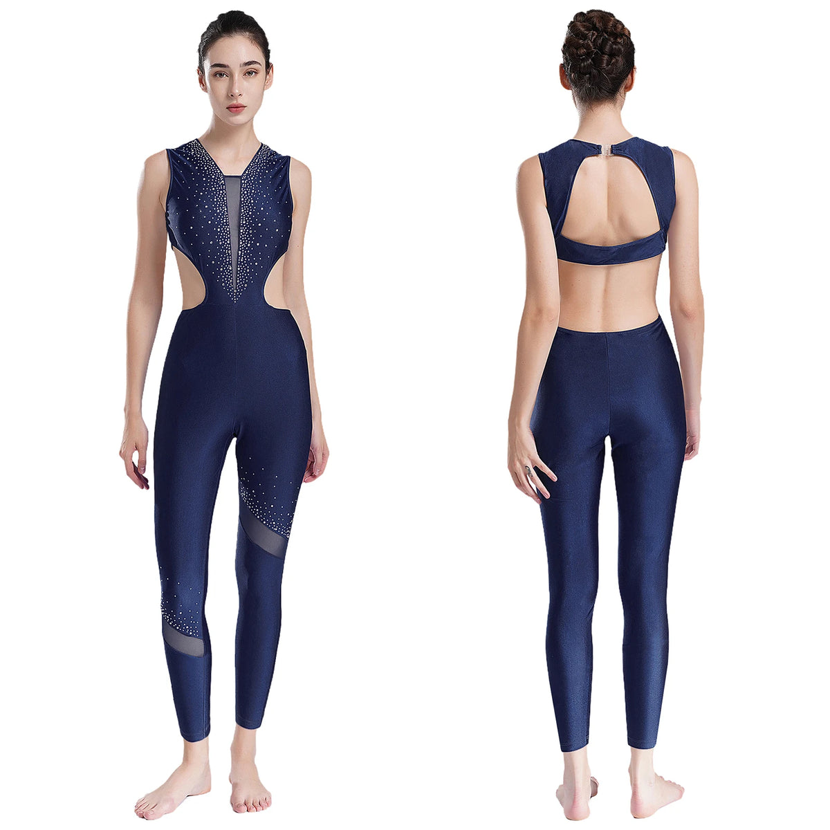 Rhinestone Full-Body Leotard | Sleeveless | Keyhole Back | Mesh