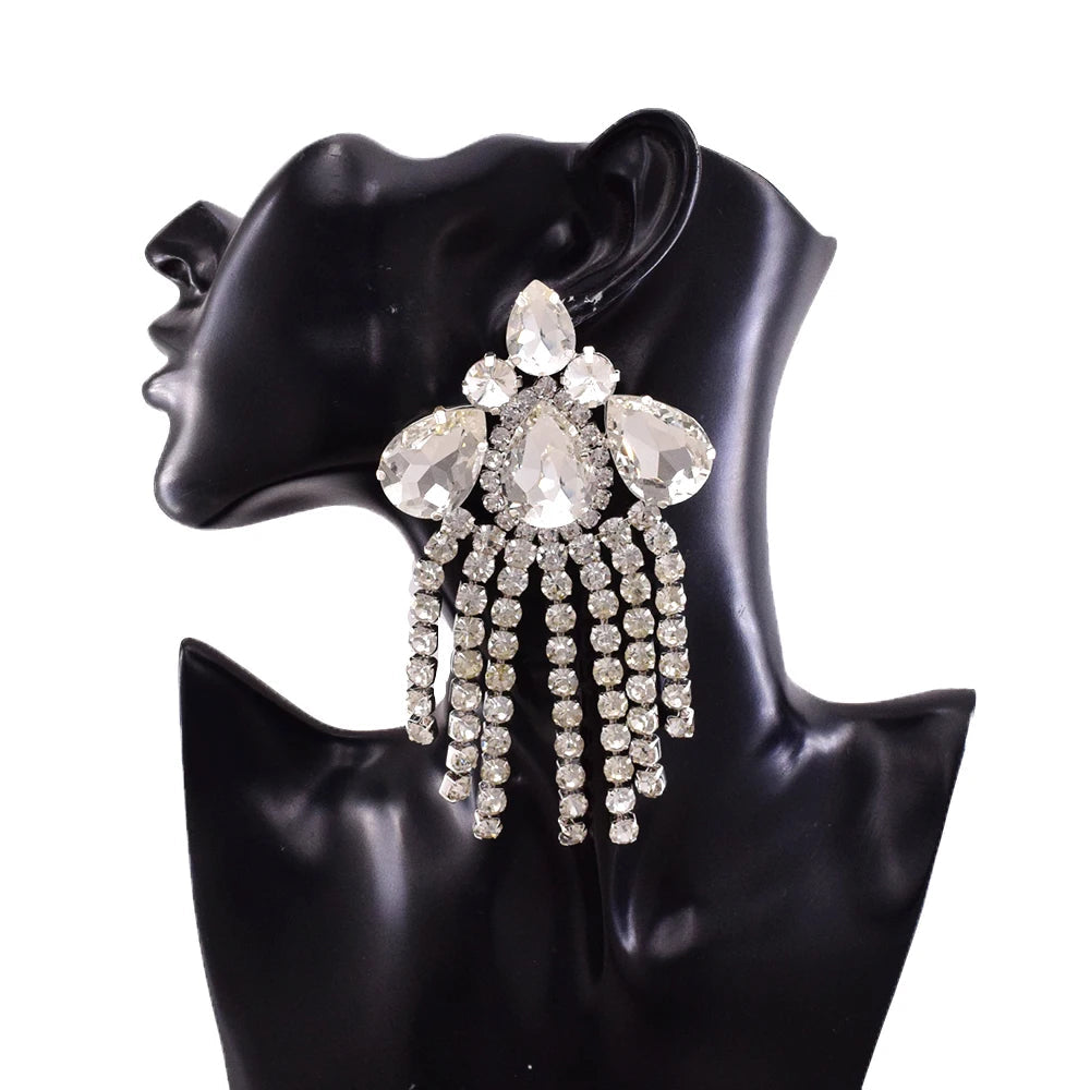 Crystal Rhinestone Tassel Drop Earrings | 12cm | Crystal, AB & Red