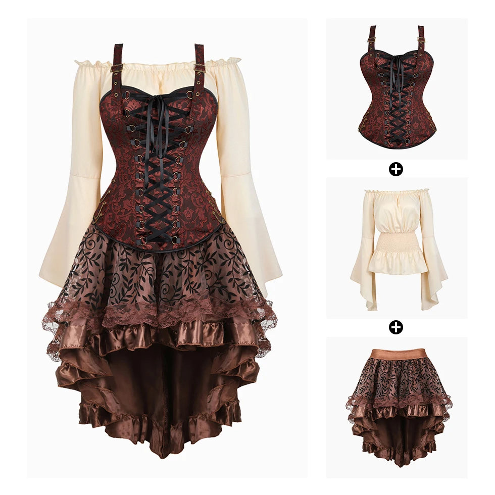 Steampunk Corset Dress | 3-Piece Set | 9 Colors | S-XXXL